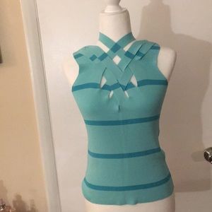 Unique two toned blue top with woven neckline.